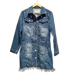 Muy Muy Distressed Denim Mini Dress Size Small Fringe Long Sleeve Western Summer